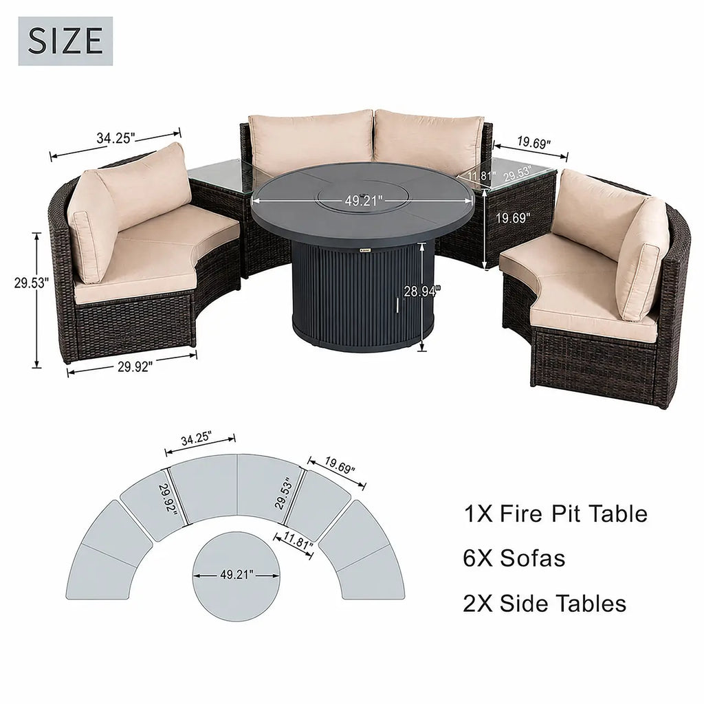 9-Piece Outdoor Fire Pit Set with Round Fire Pit Table, 6 Armchairs & 2 Side Tables (PAG-2665+1205B)