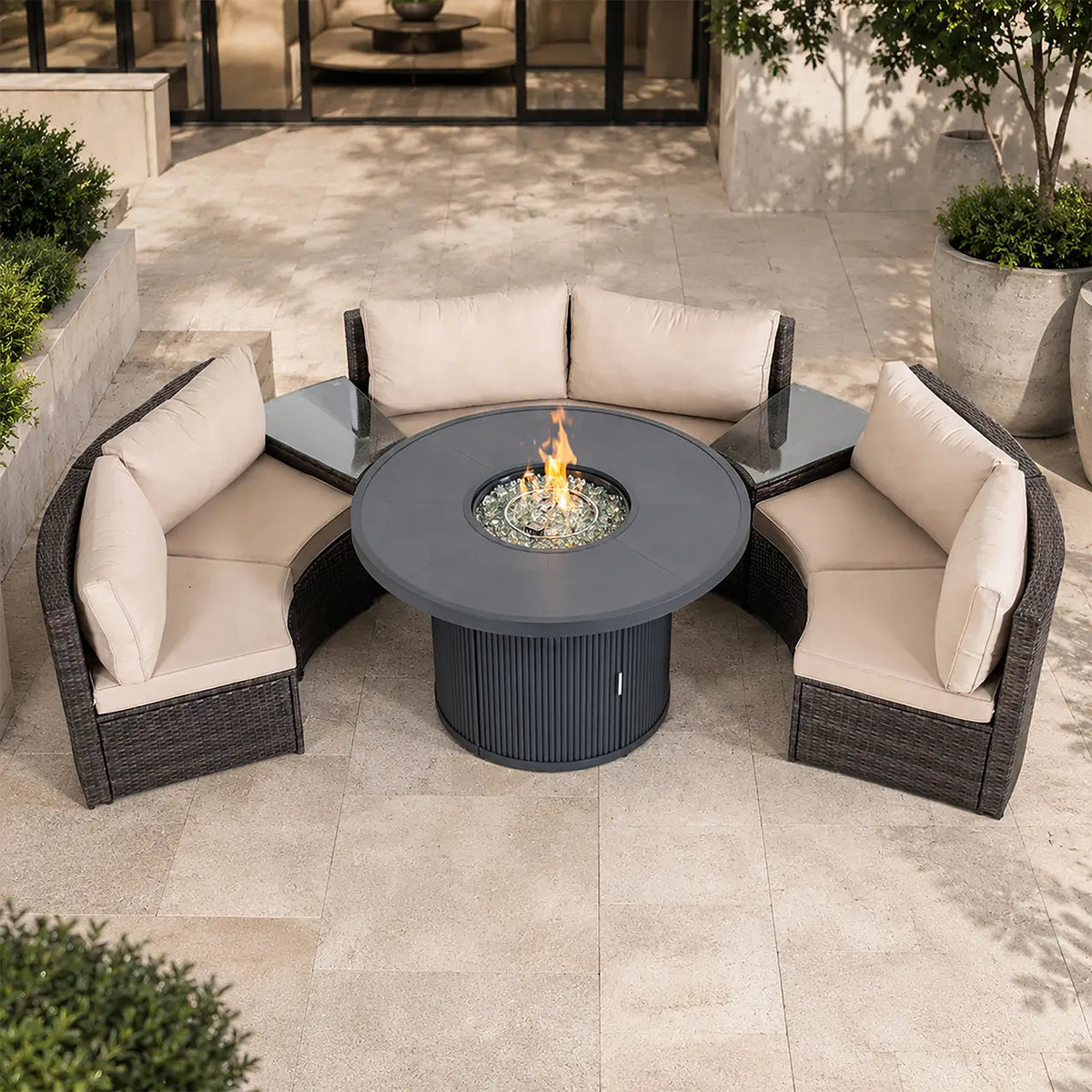 9-Piece Outdoor Fire Pit Set with Round Fire Pit Table, 6 Armchairs & 2 Side Tables (PAG-2665+1205B)