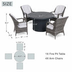 5-Piece Outdoor Fire Pit Set with Round Fire Pit Table & 4 Wicker Chairs (PAG-2665+PAC-009-GR)
