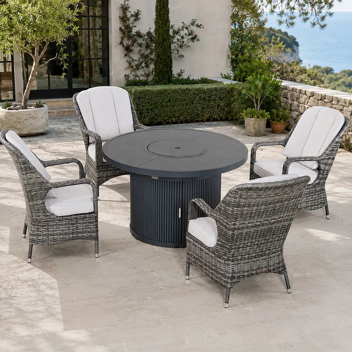 5-Piece Outdoor Fire Pit Set with Round Fire Pit Table & 4 Wicker Chairs (PAG-2665+PAC-009-GR)