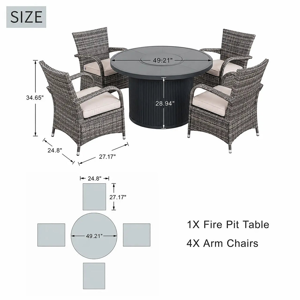 5-Piece Outdoor Fire Pit Dining Set with Round Fire Table & 4 Wicker Chairs (PAG-2665+PAD-1123-GR)