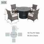 5-Piece Outdoor Fire Pit Dining Set with Round Fire Table & 4 Wicker Chairs (PAG-2665+PAD-1123-GR)