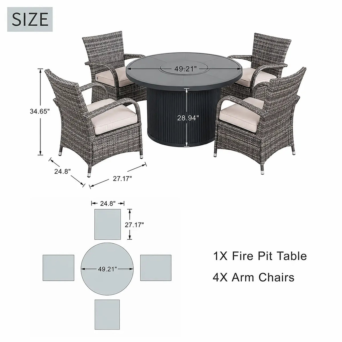 5-Piece Outdoor Fire Pit Dining Set with Round Fire Table & 4 Wicker Chairs (PAG-2665+PAD-1123-GR)