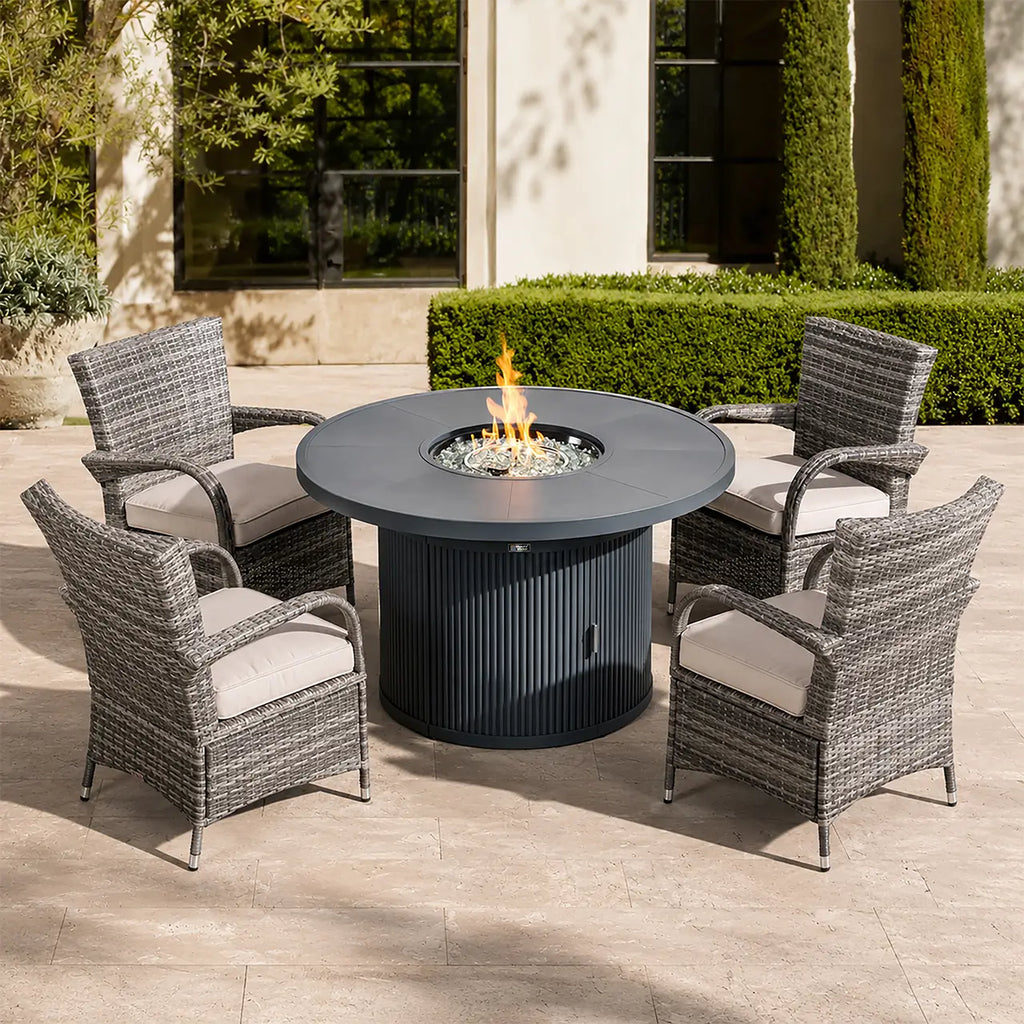 5-Piece Outdoor Fire Pit Dining Set with Round Fire Table & 4 Wicker Chairs (PAG-2665+PAD-1123-GR)