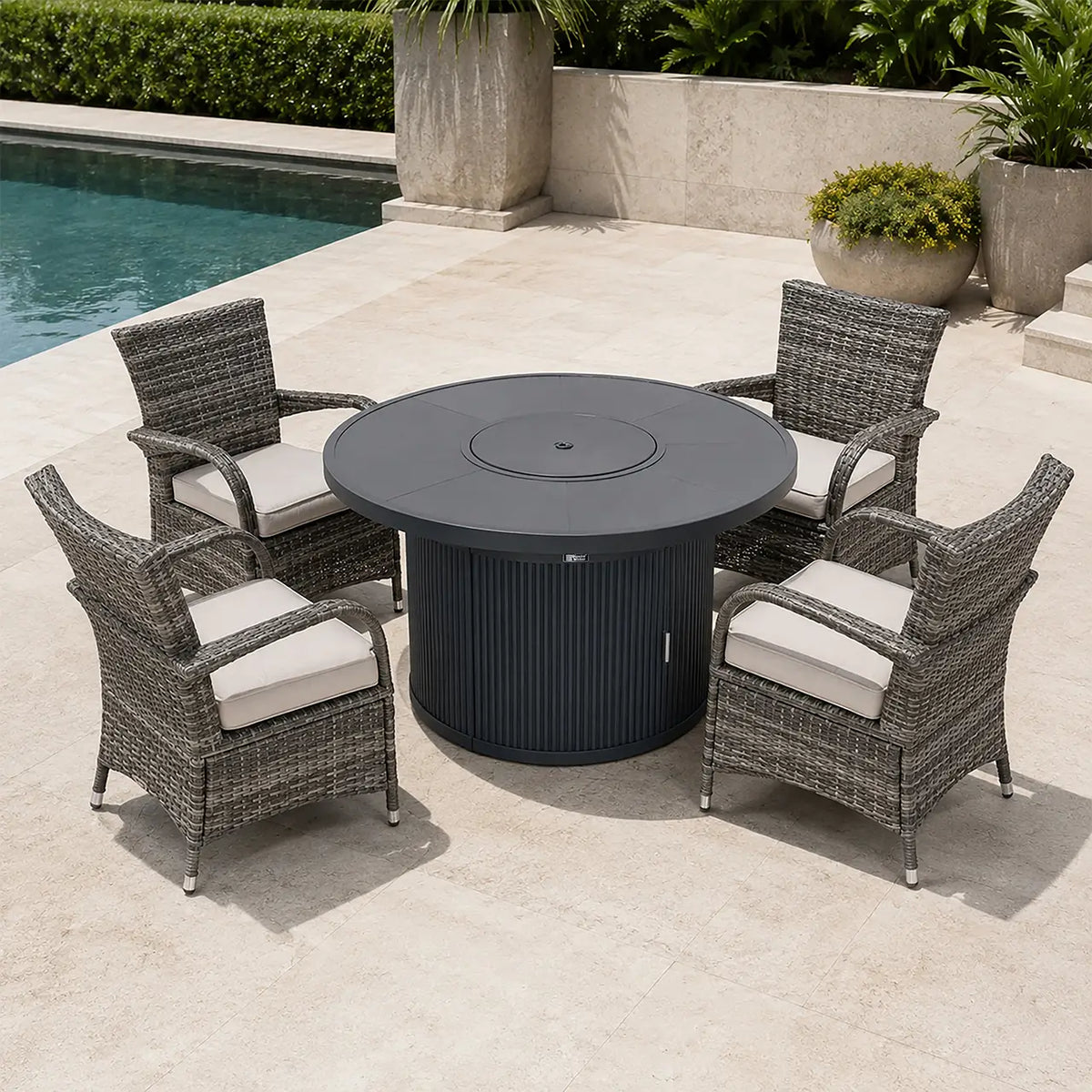 5-Piece Outdoor Fire Pit Dining Set with Round Fire Table & 4 Wicker Chairs (PAG-2665+PAD-1123-GR)