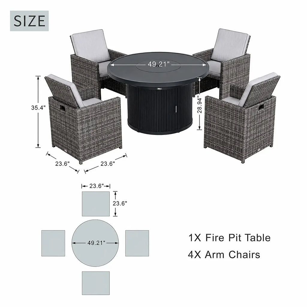 5-Piece Outdoor Fire Pit Dining Set with Fire Pit Table & 4 Wicker Chairs (PAG-2665+PAD-3234-GR)