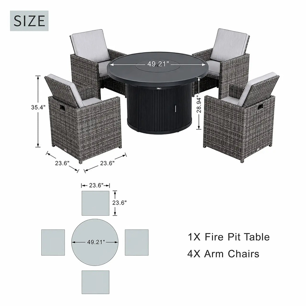 5-Piece Outdoor Fire Pit Dining Set with Fire Pit Table & 4 Wicker Chairs (PAG-2665+PAD-3234-GR)