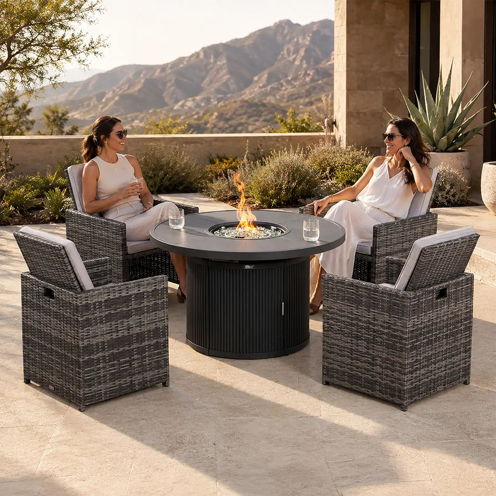 5-Piece Outdoor Fire Pit Dining Set with Fire Pit Table & 4 Wicker Chairs (PAG-2665+PAD-3234-GR)