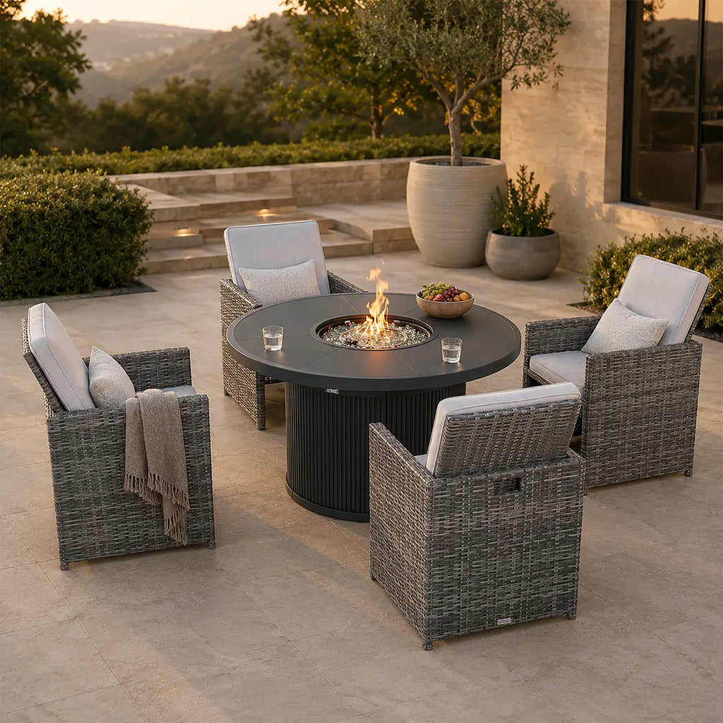 5-Piece Outdoor Fire Pit Dining Set with Fire Pit Table & 4 Wicker Chairs (PAG-2665+PAD-3234-GR)