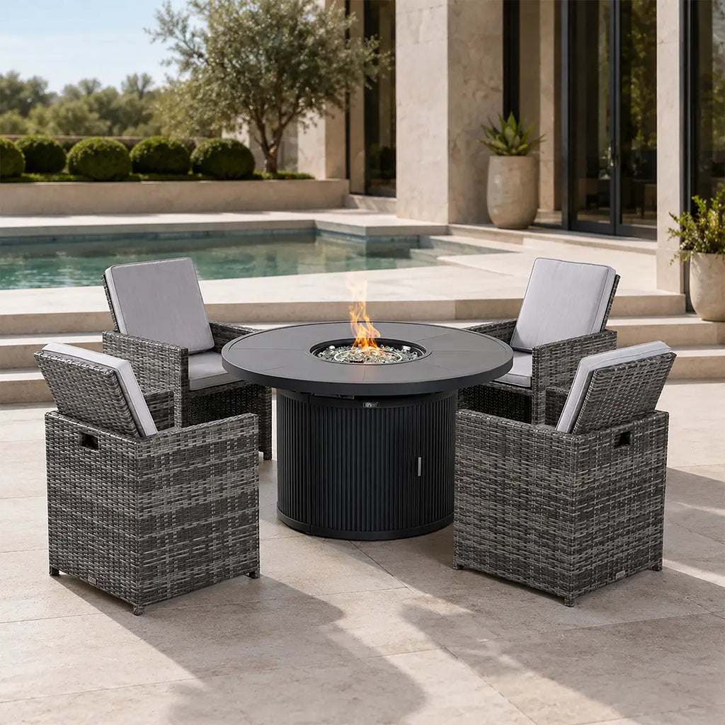 5-Piece Outdoor Fire Pit Dining Set with Fire Pit Table & 4 Wicker Chairs (PAG-2665+PAD-3234-GR)