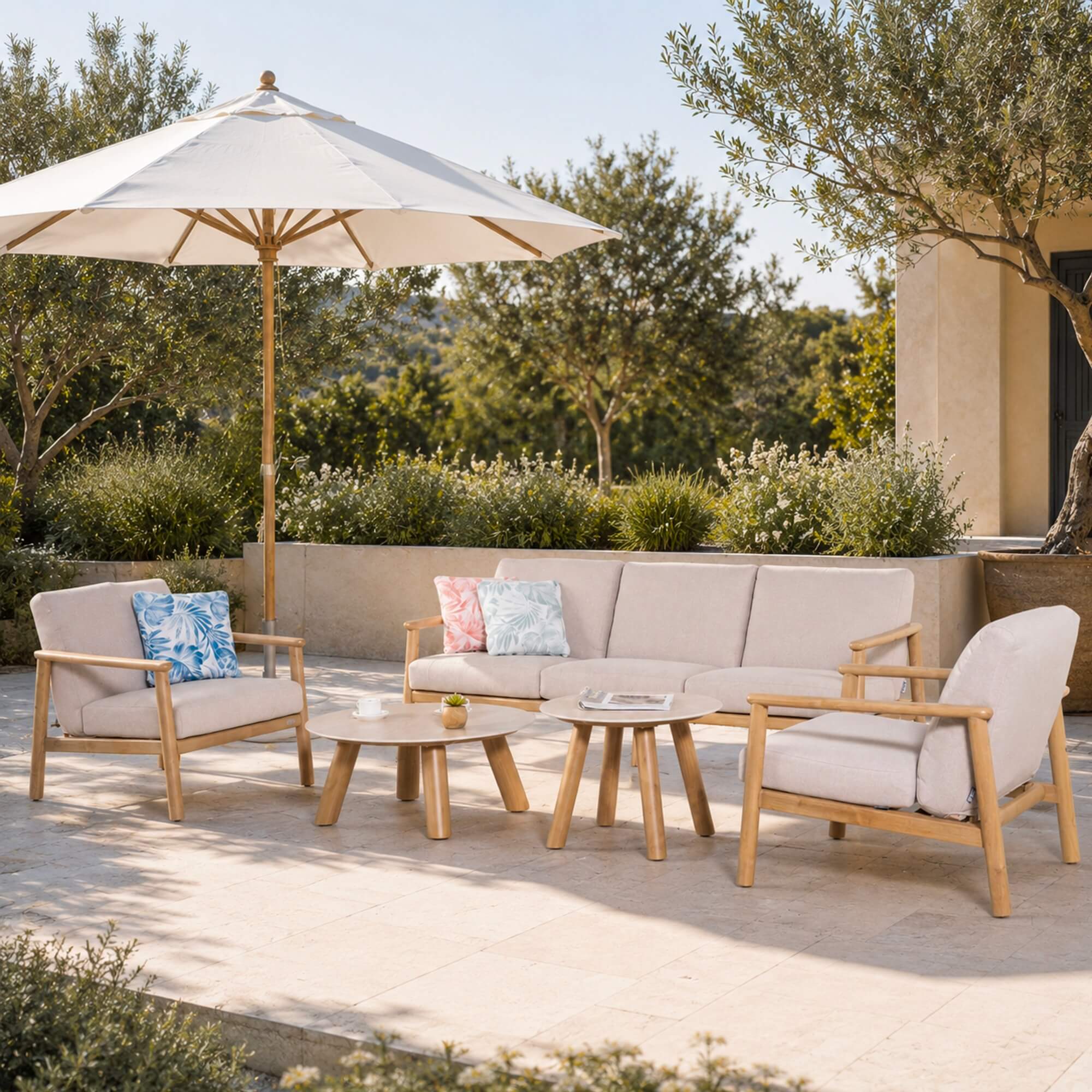 Modern 5-Piece Outdoor Patio Conversation Set with Wood-Look Aluminum Frame