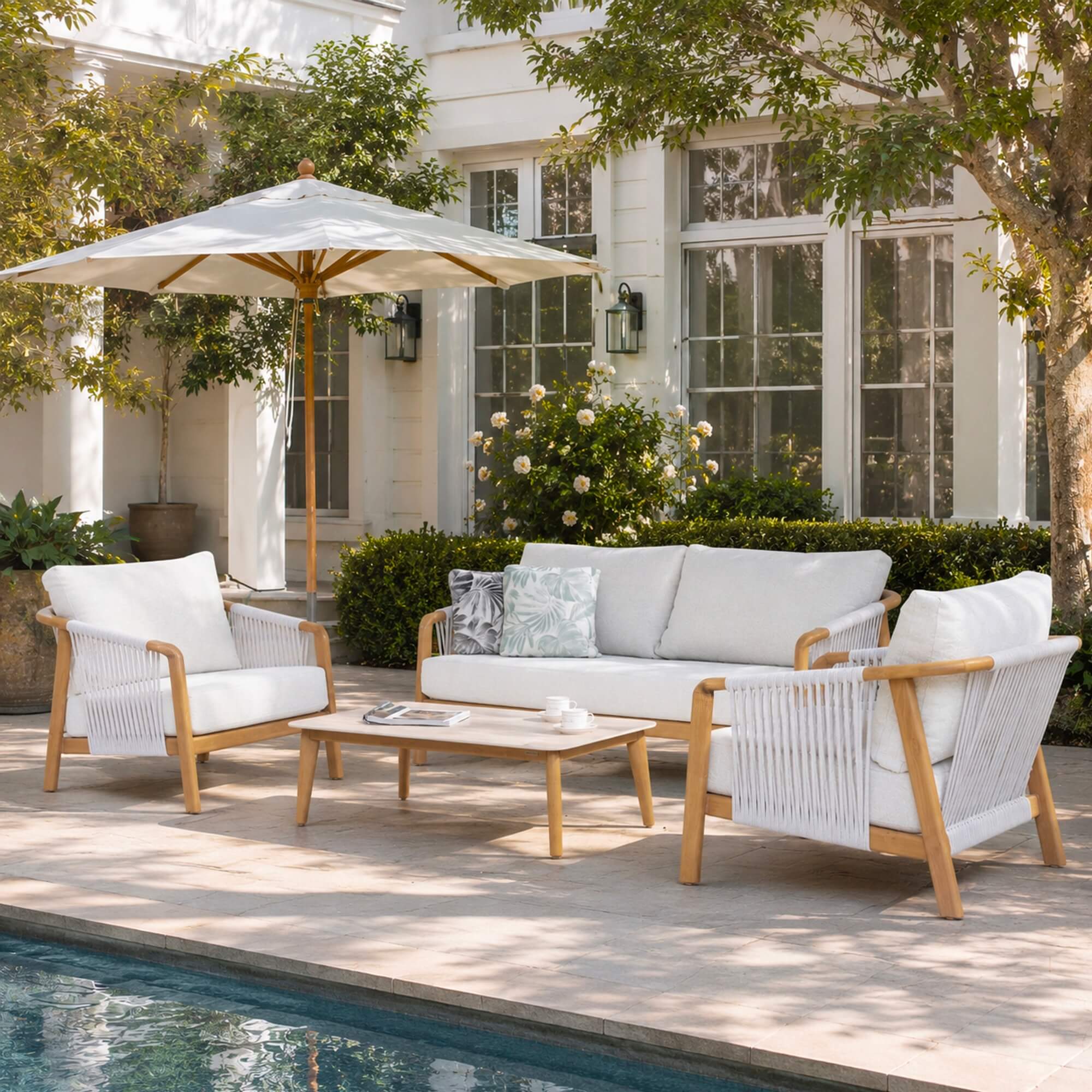 Modern 4-Piece Outdoor Patio Conversation Set with Wood-Look Aluminum Frame & Sintered Stone Table