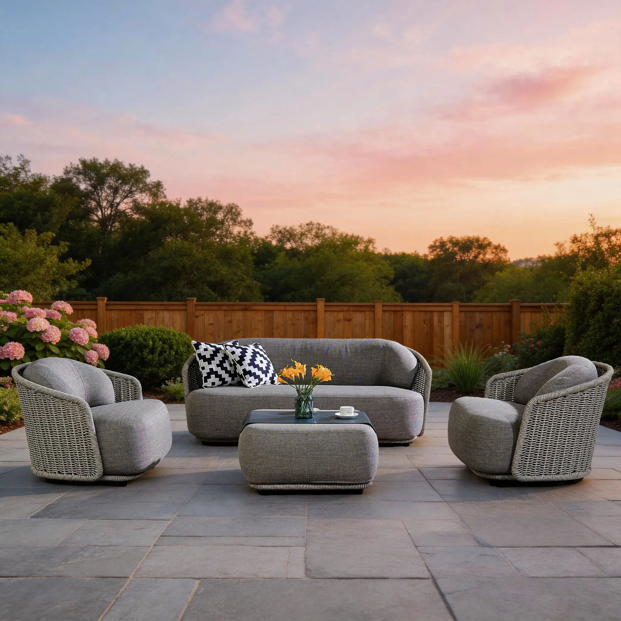 Outdoor patio set with gray furniture and a sunset in the background