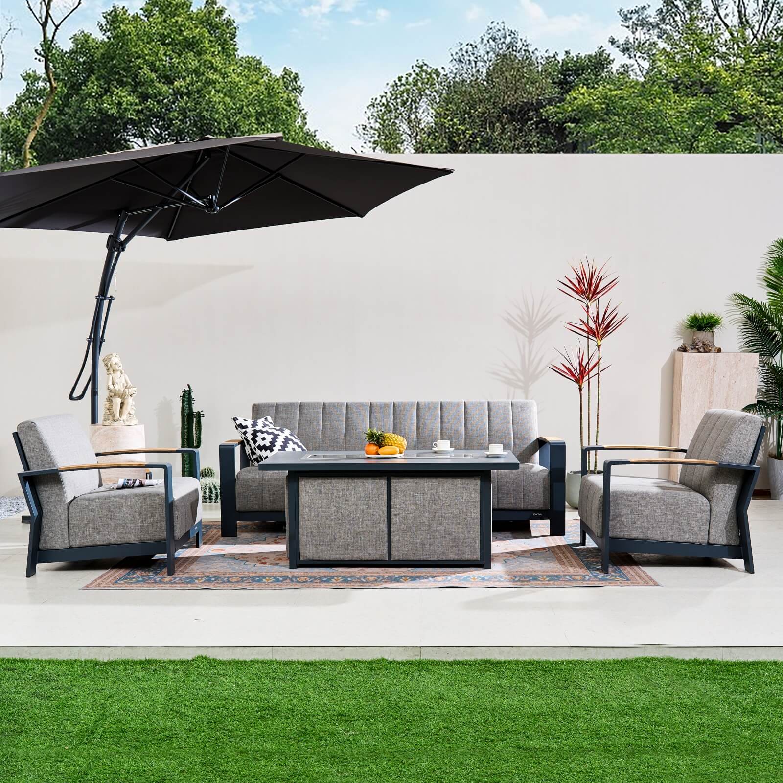 Numa-Style Lunar 5-Seater Sofa Set with Gas Firepit Table with Teak Accents