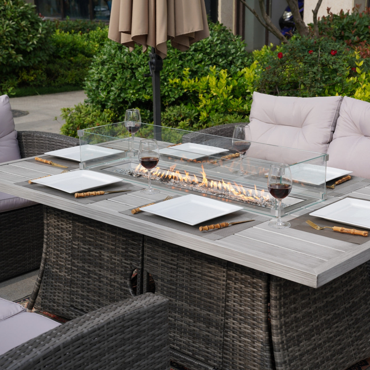 Outdoor Fire Pit Sofa Set with Rectangular Firepit Table (PAS-1503+1106RA)