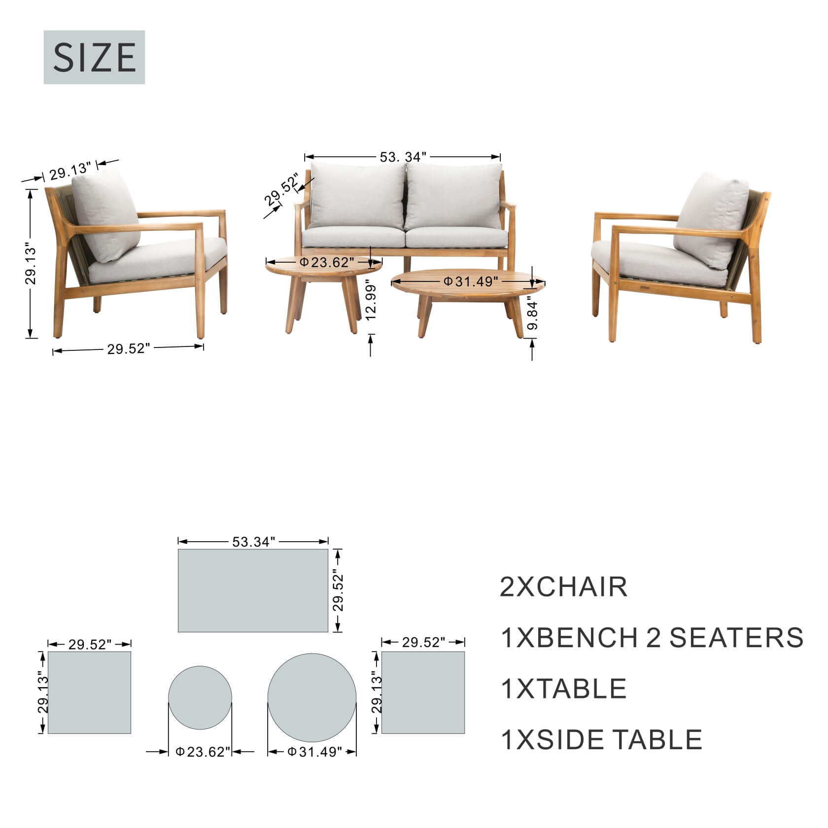 Rebel 4-Seater Wood Patio Conversation Set with Side Table (PAS-2513-2SC+SC*2+TA+ST)