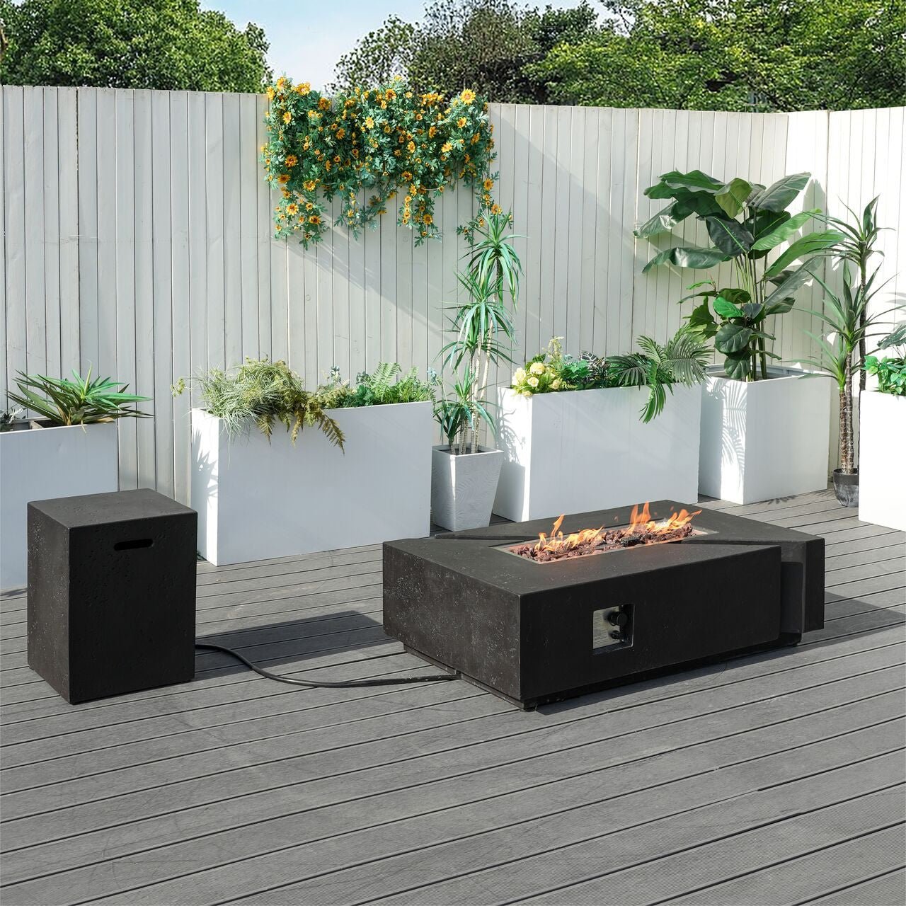 A Set of Rectangular Cement Firepit Table with Gas Cylinder Cover (PAG - 24913) - Direct Wicker