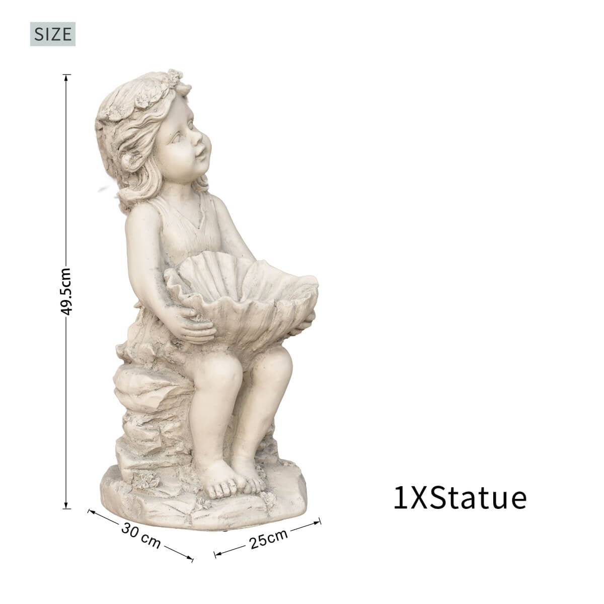 Adorable Girl Holding Shell with Pearl Magnesium Oxide Garden Sculpture (GS-24943A-WH-WLX) - Direct Wicker