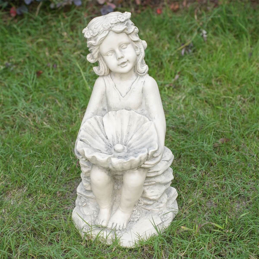 Adorable Girl Holding Shell with Pearl Magnesium Oxide Garden Sculpture (GS-24943A-WH-WLX) - Direct Wicker