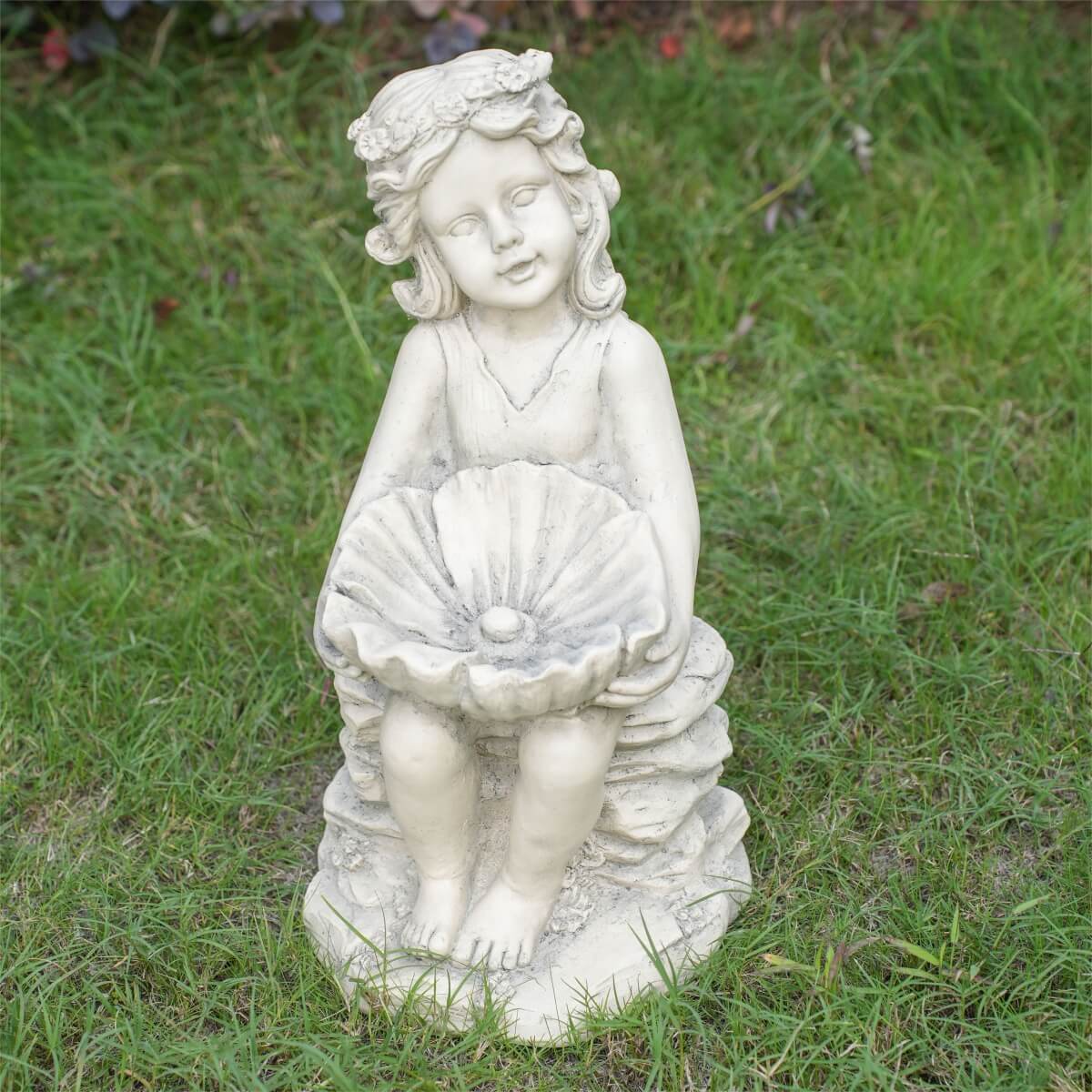 Adorable Girl Holding Shell with Pearl Magnesium Oxide Garden Sculpture (GS-24943A-WH-WLX) - Direct Wicker