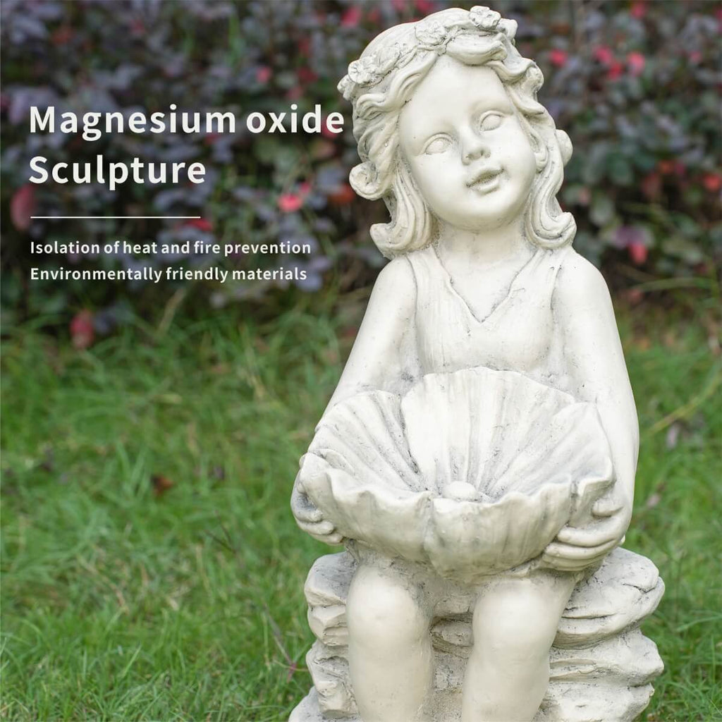 Adorable Girl Holding Shell with Pearl Magnesium Oxide Garden Sculpture (GS-24943A-WH-WLX) - Direct Wicker