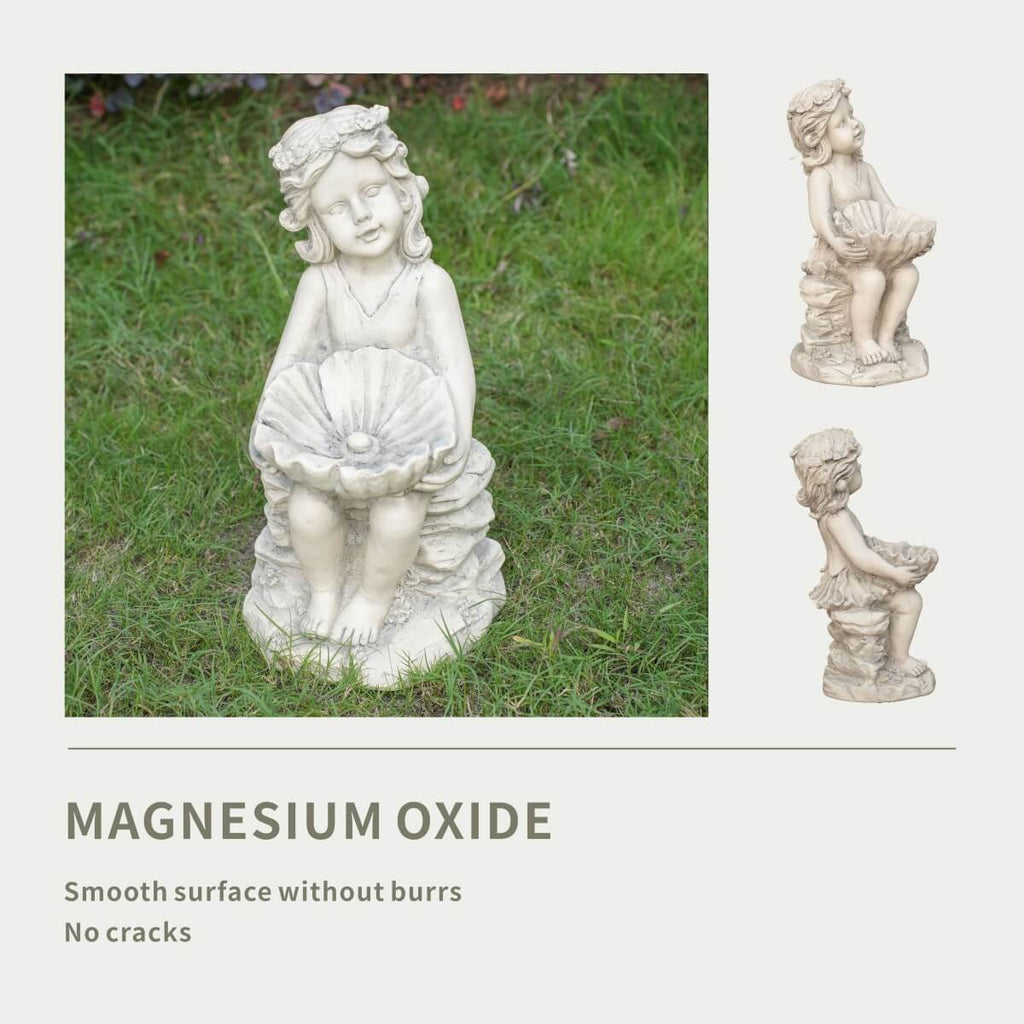 Adorable Girl Holding Shell with Pearl Magnesium Oxide Garden Sculpture (GS-24943A-WH-WLX) - Direct Wicker