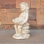 Adorable Girl Holding Shell with Pearl Magnesium Oxide Garden Sculpture (GS-24943A-WH-WLX) - Direct Wicker