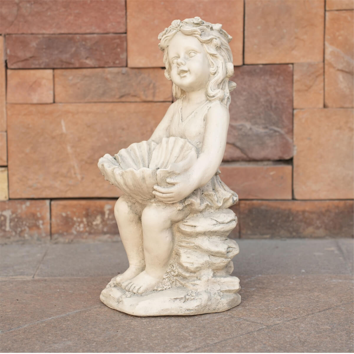 Adorable Girl Holding Shell with Pearl Magnesium Oxide Garden Sculpture (GS-24943A-WH-WLX) - Direct Wicker