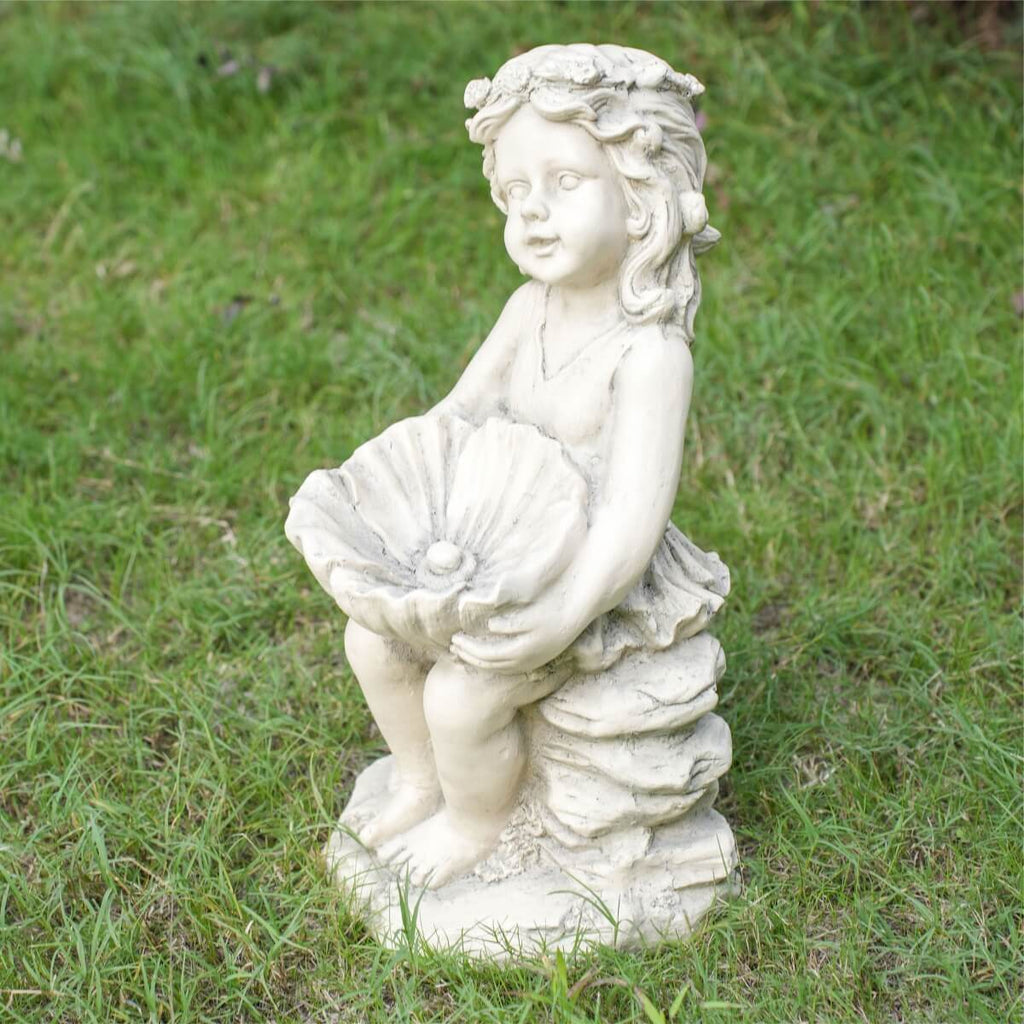 Adorable Girl Holding Shell with Pearl Magnesium Oxide Garden Sculpture (GS-24943A-WH-WLX) - Direct Wicker