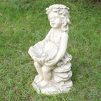 Adorable Girl Holding Shell with Pearl Magnesium Oxide Garden Sculpture (GS-24943A-WH-WLX) - Direct Wicker