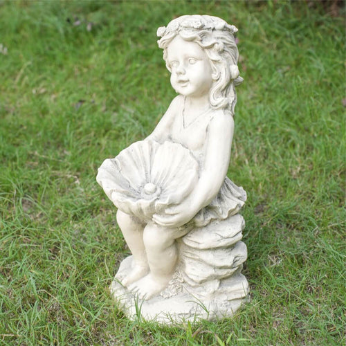 Adorable Girl Holding Shell with Pearl Magnesium Oxide Garden Sculpture (GS-24943A-WH-WLX) - Direct Wicker