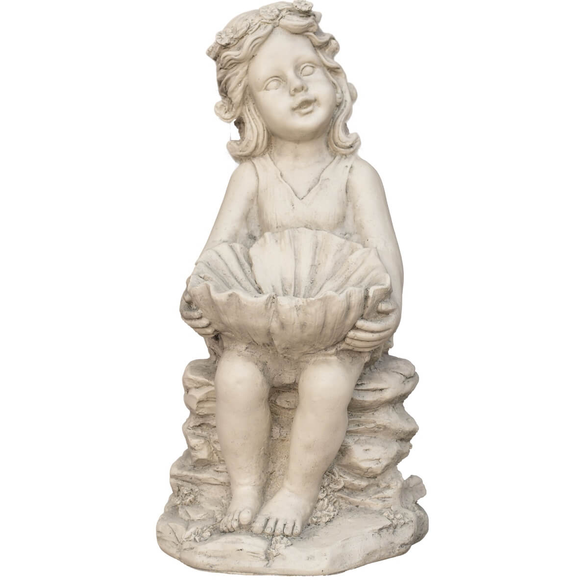 Adorable Girl Holding Shell with Pearl Magnesium Oxide Garden Sculpture (GS-24943A-WH-WLX) - Direct Wicker