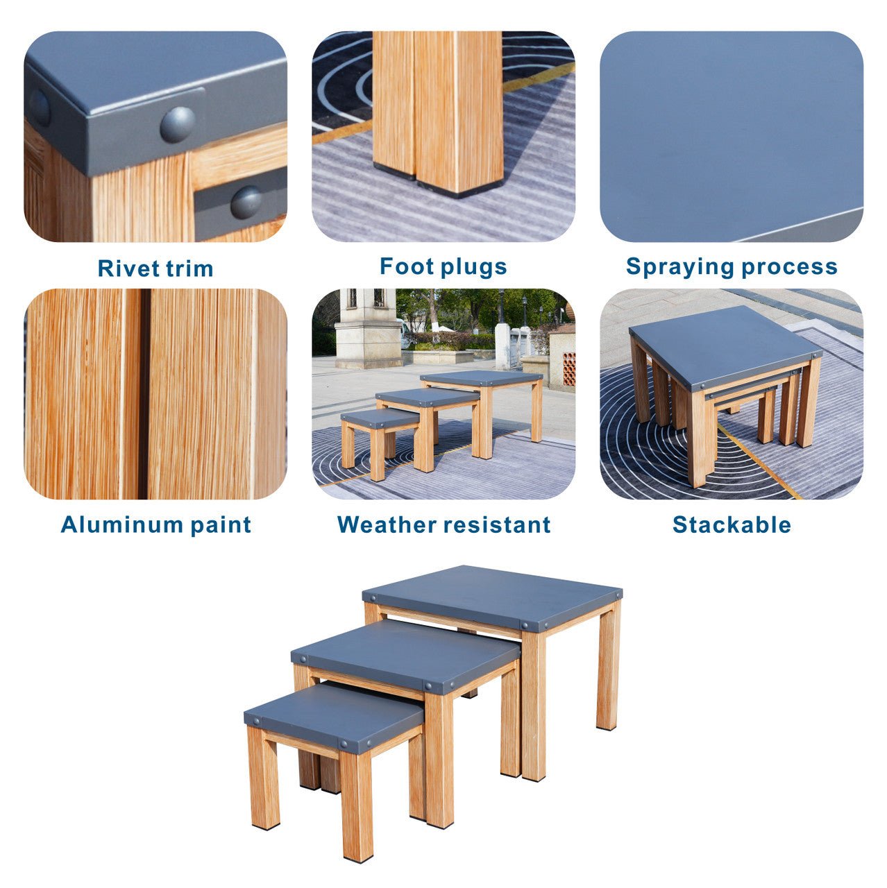 All Aluminum Outdoor 3 - Piece Set, Portable Square Table (PAT - 2341TA - GR) - Direct Wicker
