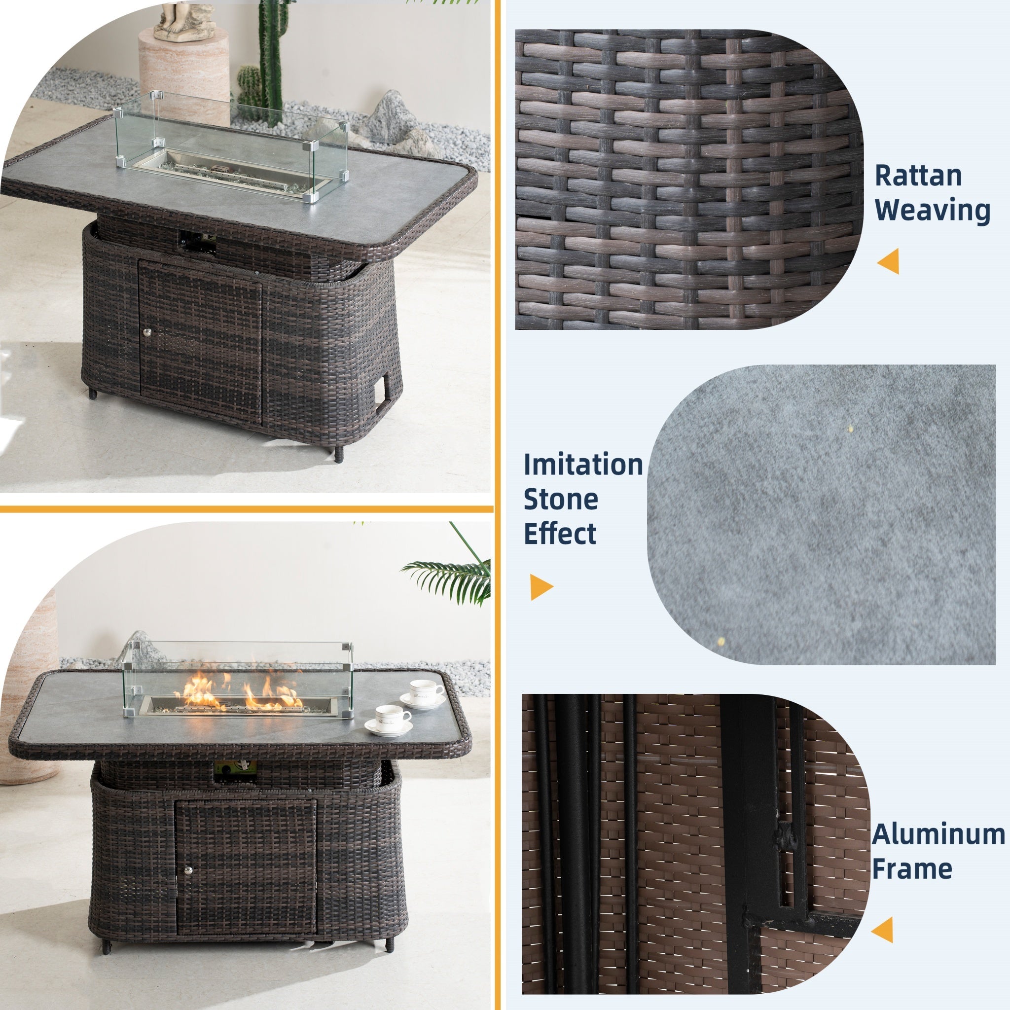 Aluminum Adjustable Fire Pit Table with Tempered Glass Top (PAG - 2403RT) - Direct Wicker