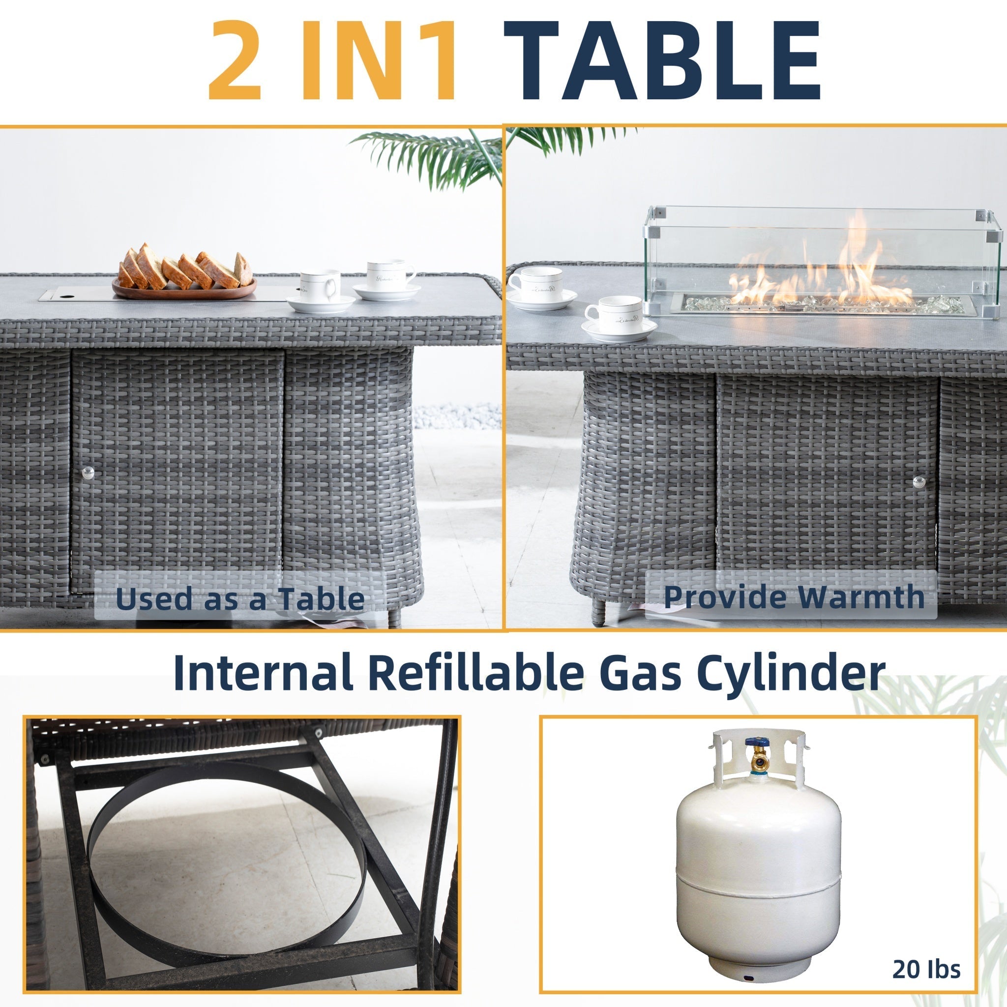 Aluminum Adjustable Fire Pit Table with Tempered Glass Top (PAG - 2403RT) - Direct Wicker