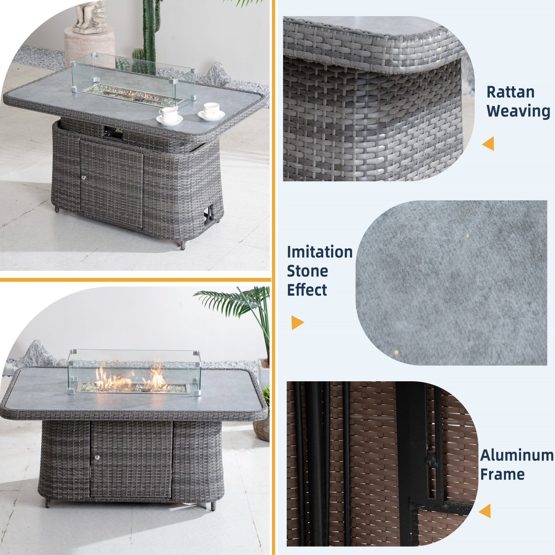 Aluminum Adjustable Fire Pit Table with Tempered Glass Top (PAG - 2403RT) - Direct Wicker