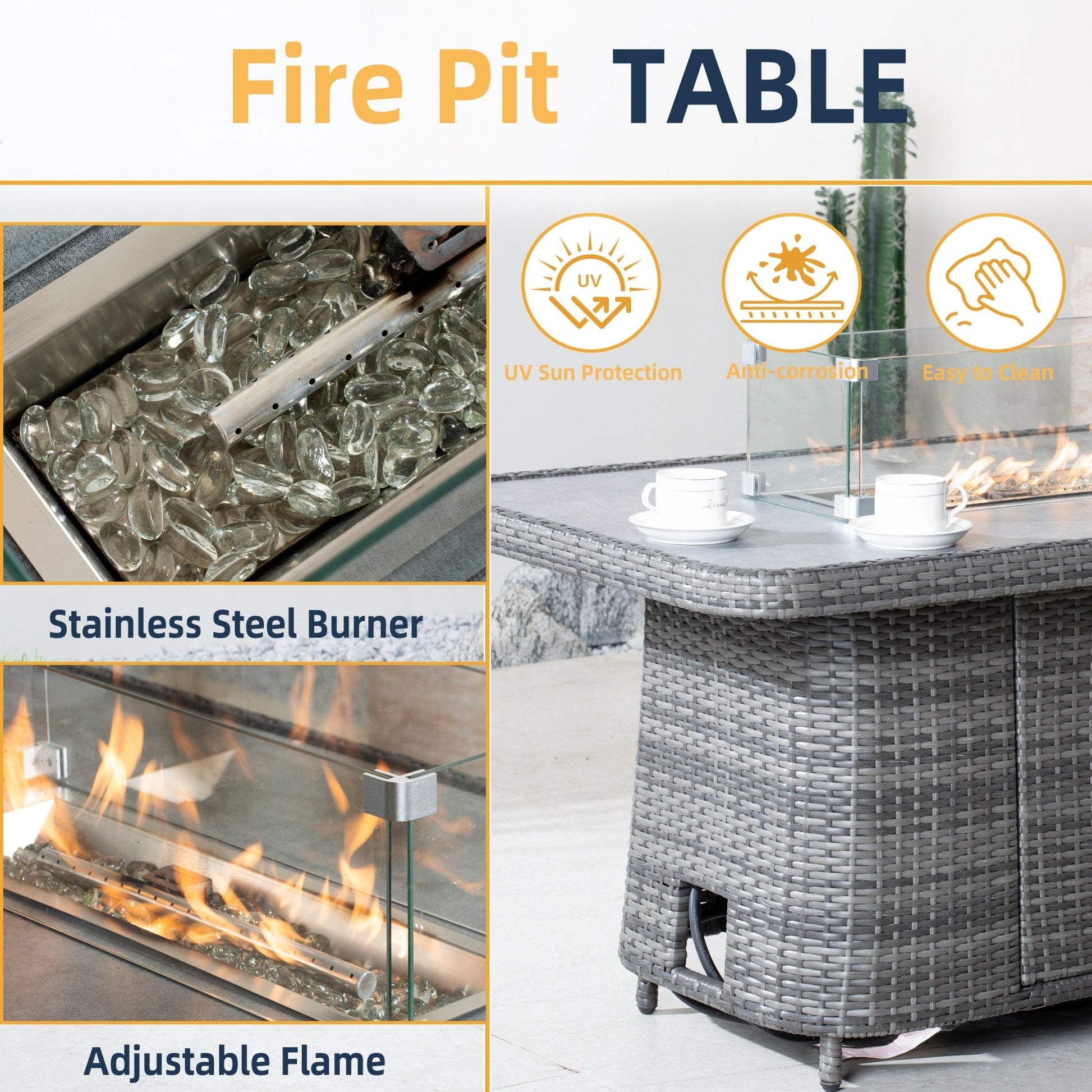 Aluminum Adjustable Fire Pit Table with Tempered Glass Top (PAG - 2403RT) - Direct Wicker