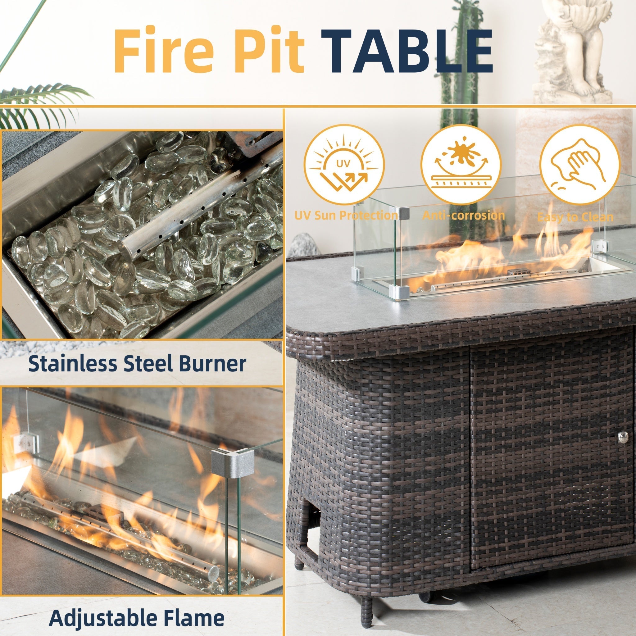 Aluminum Adjustable Fire Pit Table with Tempered Glass Top (PAG - 2403RT) - Direct Wicker