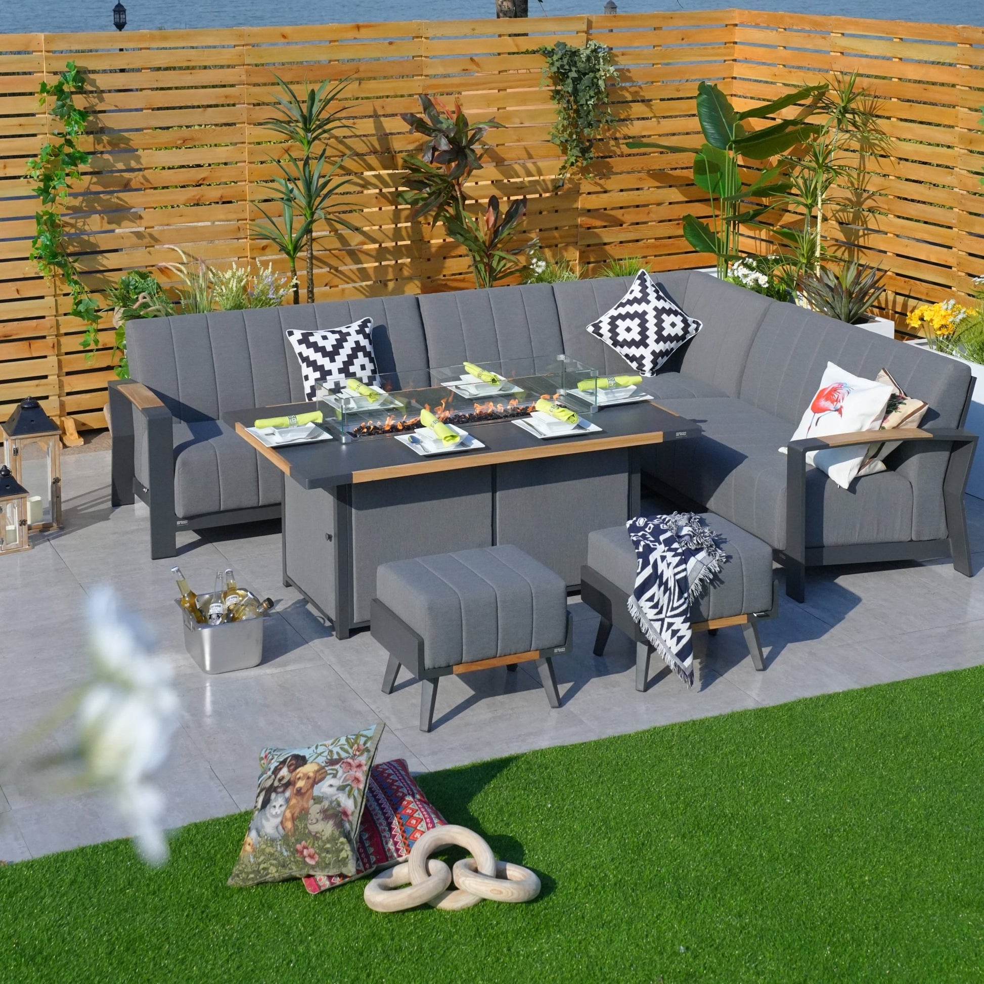 Aluminum Patio and Garden Fire Pit Seating Set with Gray Cushion (PAG-2338+2336) - Direct Wicker