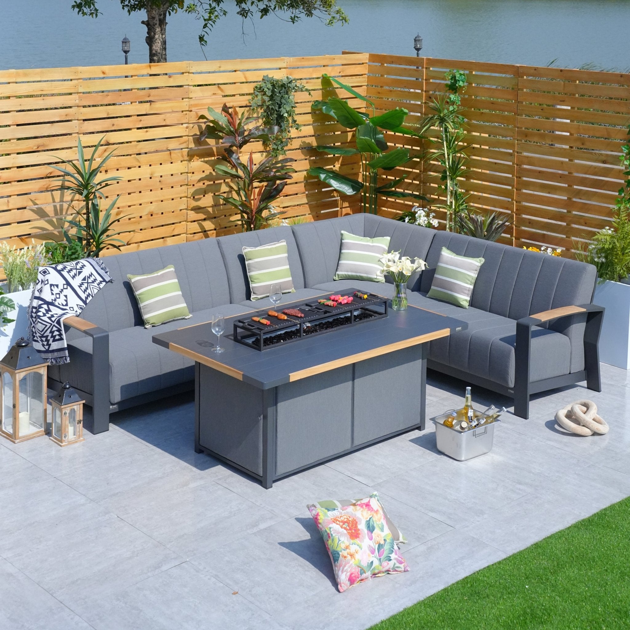Aluminum Patio and Garden Fire Pit Seating Set with Gray Cushion (PAG-2338+2336) - Direct Wicker