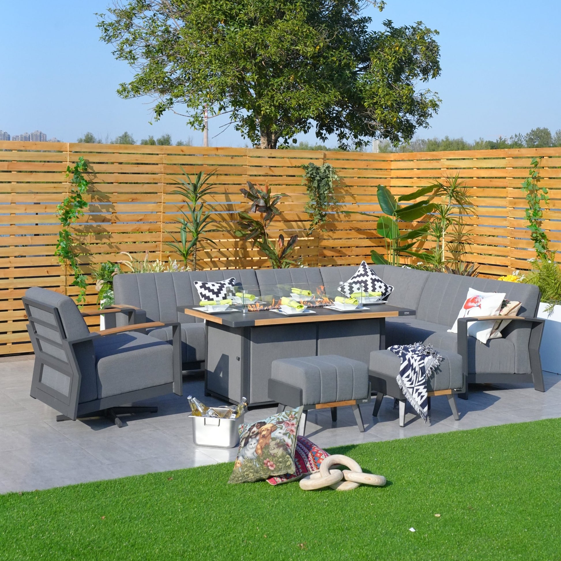 Aluminum Patio and Garden Fire Pit Seating Set with Gray Cushion (PAG-2338+2336) - Direct Wicker