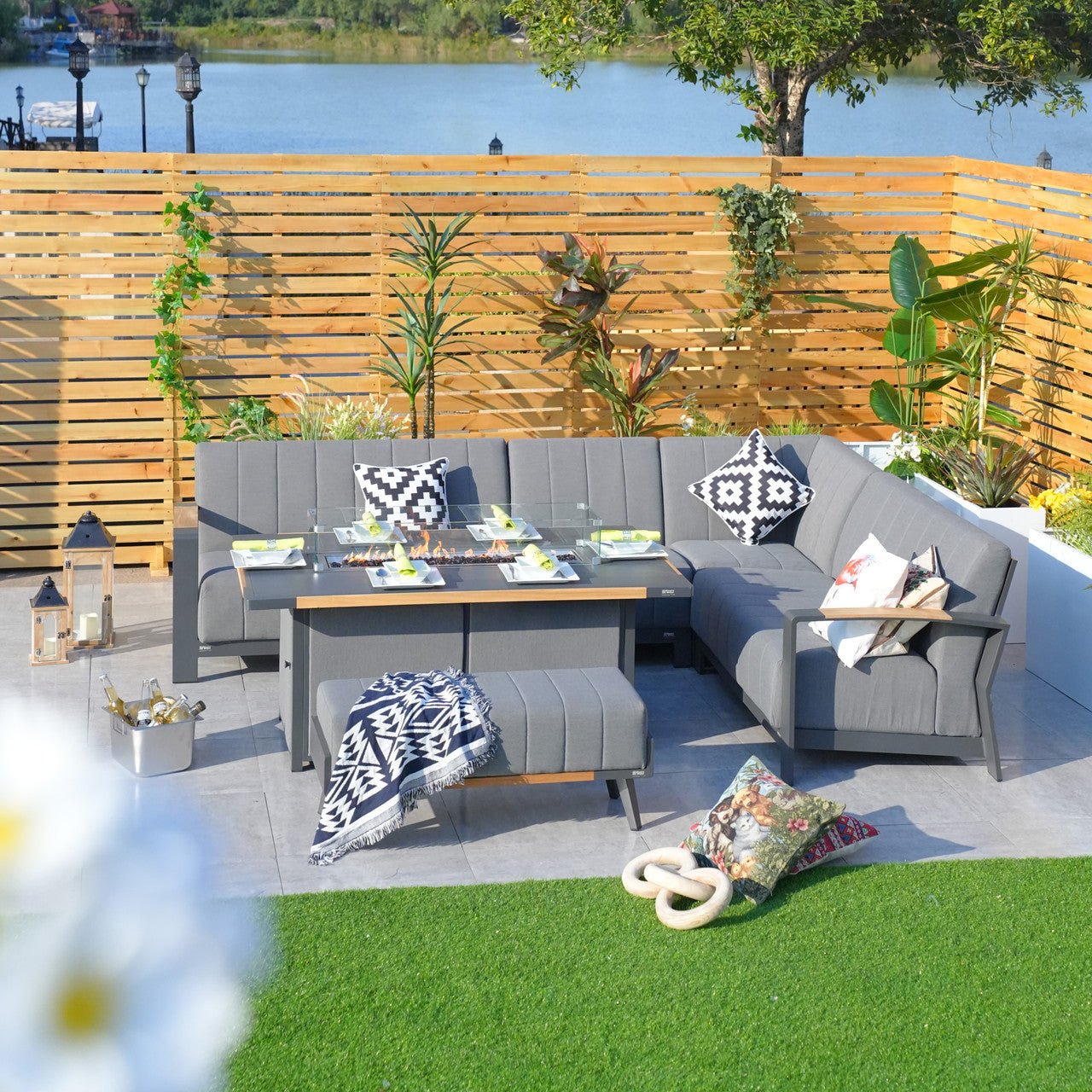 Aluminum Patio and Garden Fire Pit Seating Set with Gray Cushion (PAG-2338+2336) - Direct Wicker