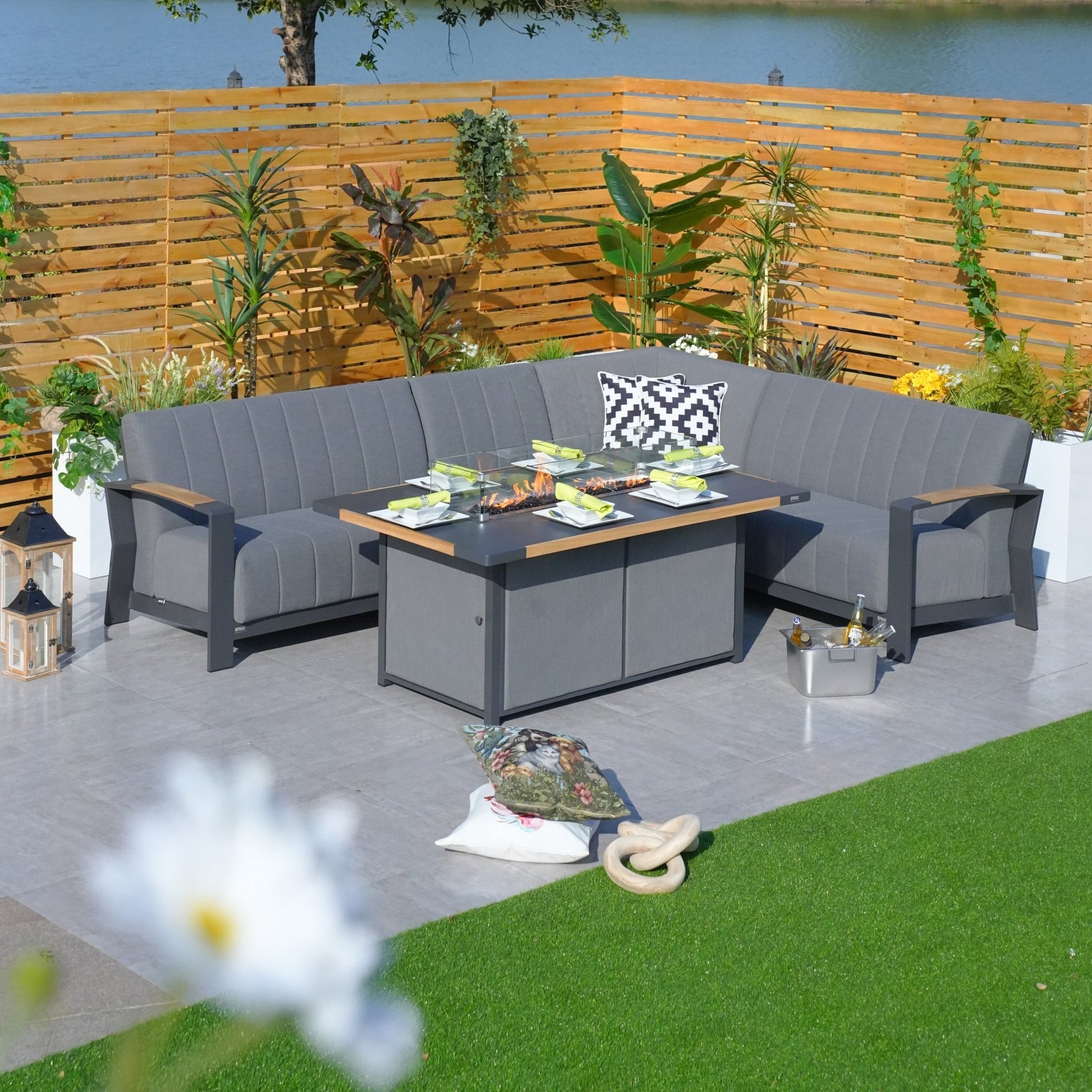 Aluminum Patio and Garden Fire Pit Seating Set with Gray Cushion (PAG-2338+2336) - Direct Wicker