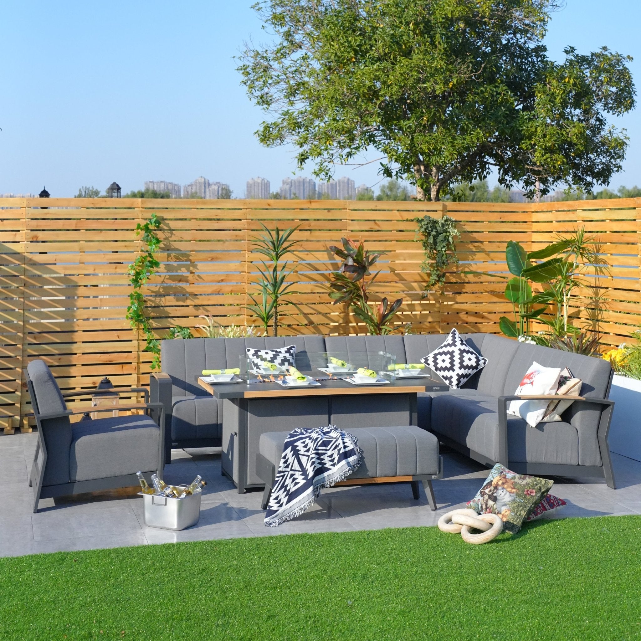Aluminum Patio and Garden Fire Pit Seating Set with Gray Cushion (PAG-2338+2336) - Direct Wicker