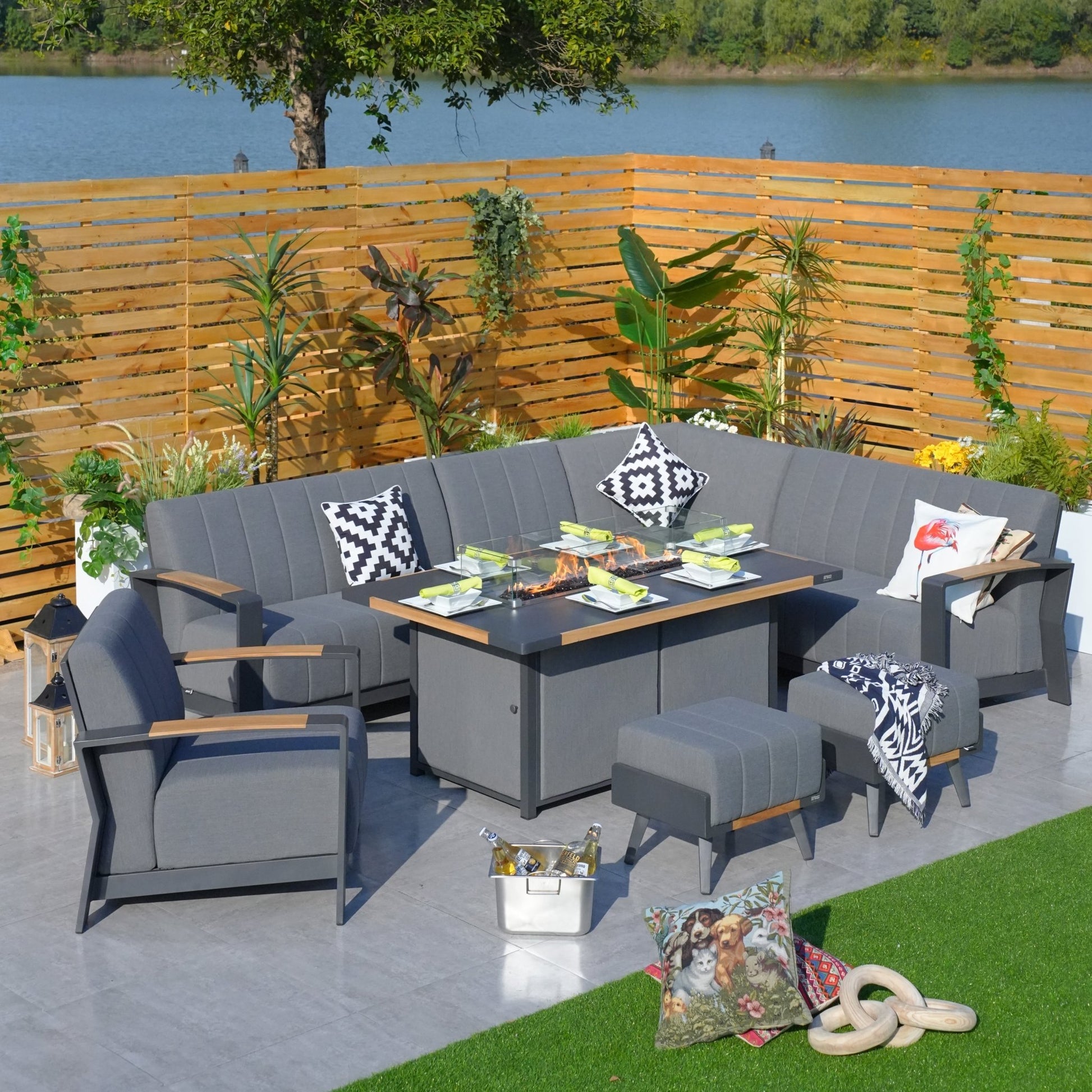 Aluminum Patio and Garden Fire Pit Seating Set with Gray Cushion (PAG-2338+2336) - Direct Wicker