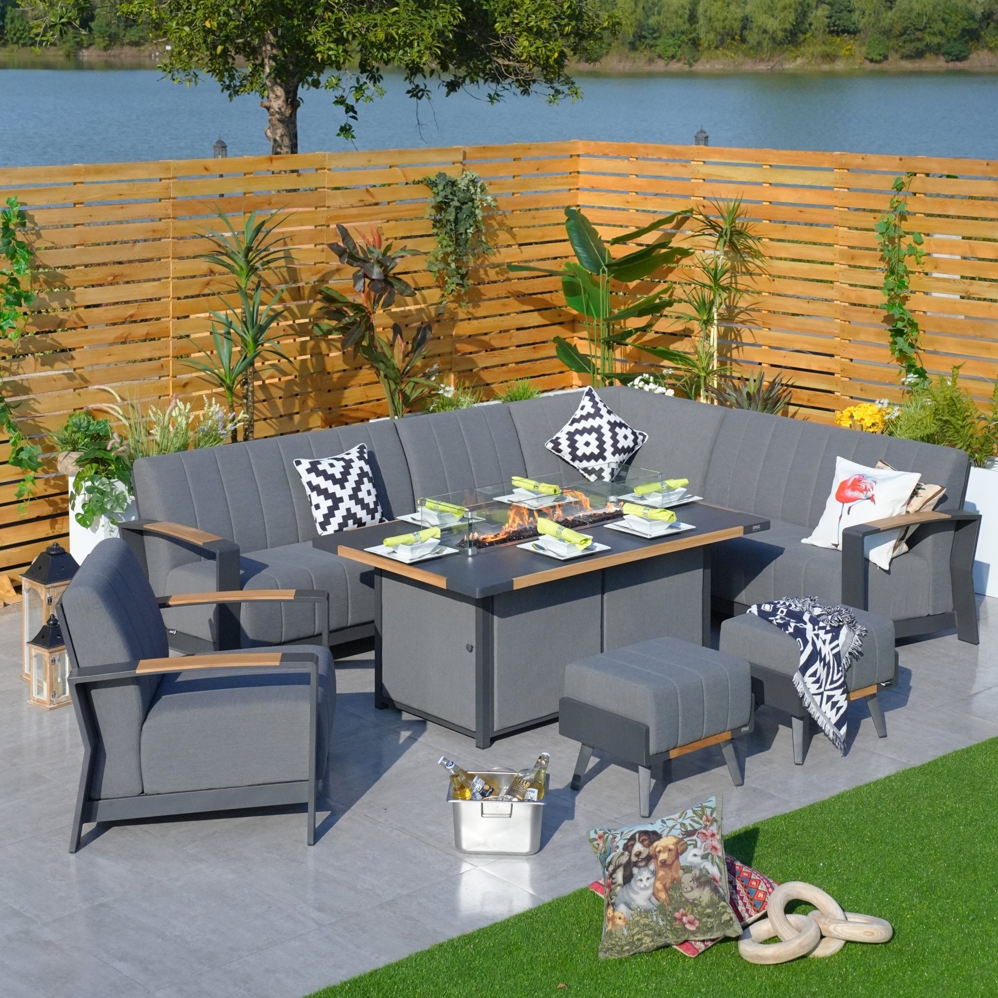 Aluminum Patio and Garden Fire Pit Seating Set with Gray Cushion (PAG-2338+2336) - Direct Wicker