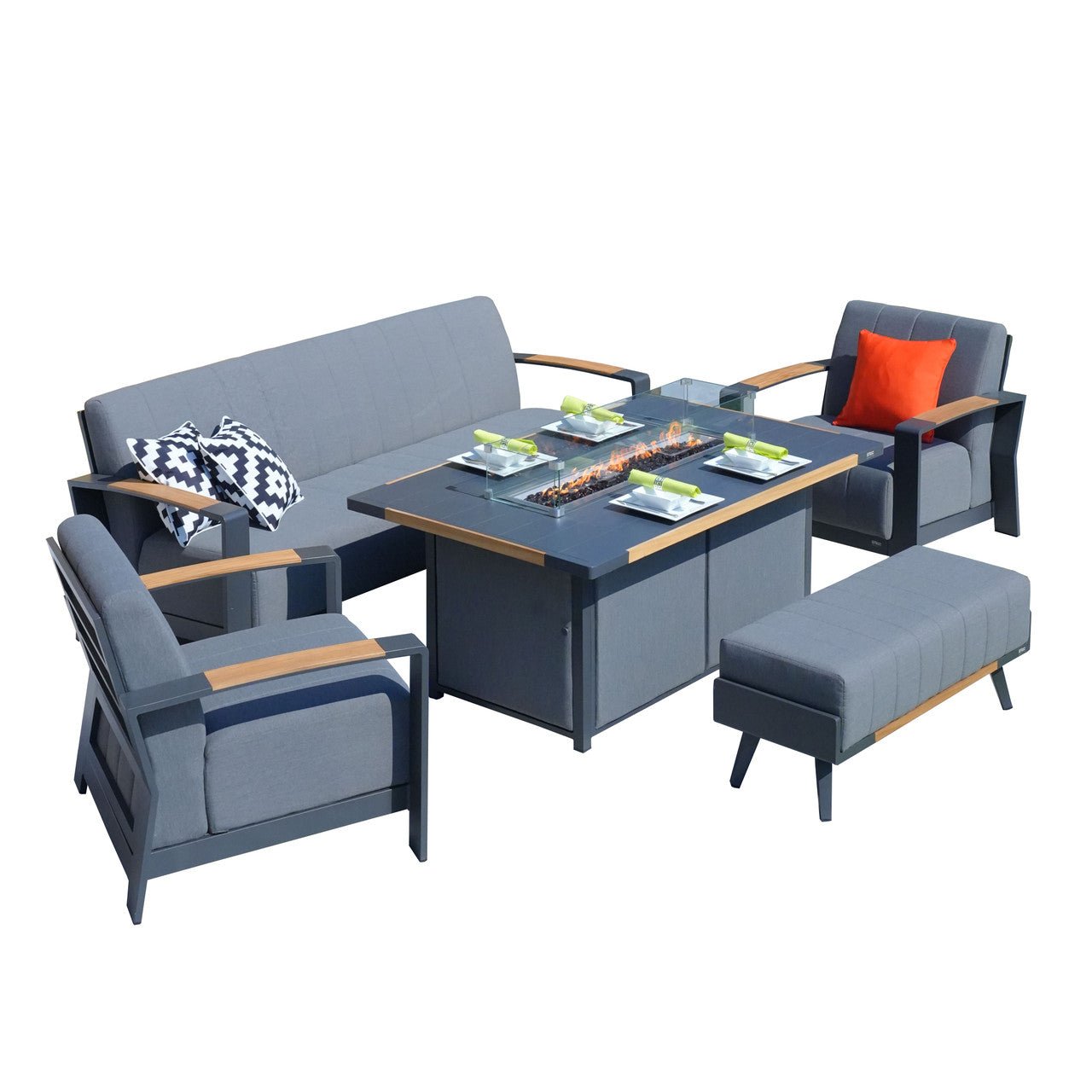 Aluminum Patio Gray Fire Pit Dining Set with Modern Gray Cushions (PAG - 2338+2335) - Direct Wicker