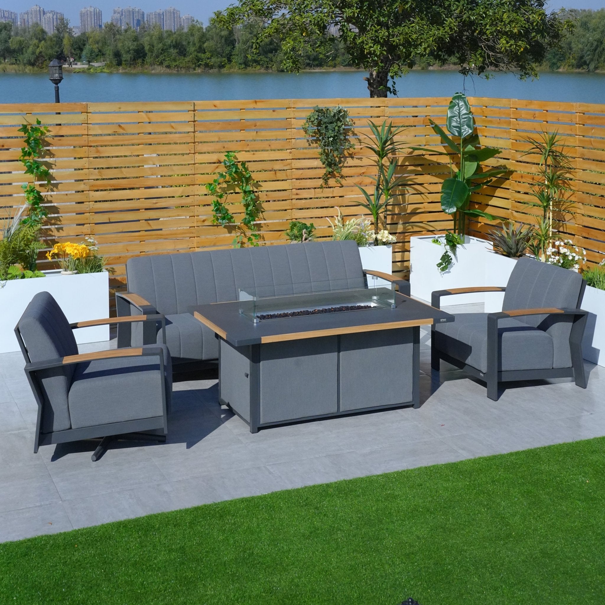 Aluminum Patio Gray Fire Pit Dining Set with Modern Gray Cushions (PAG - 2338+2335) - Direct Wicker