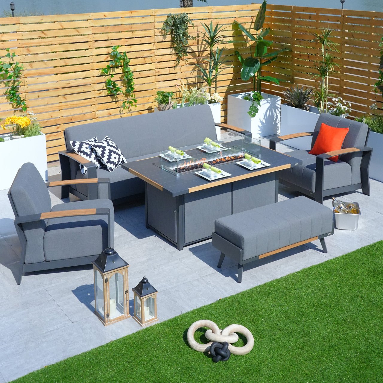 Aluminum Patio Gray Fire Pit Dining Set with Modern Gray Cushions (PAG - 2338+2335) - Direct Wicker