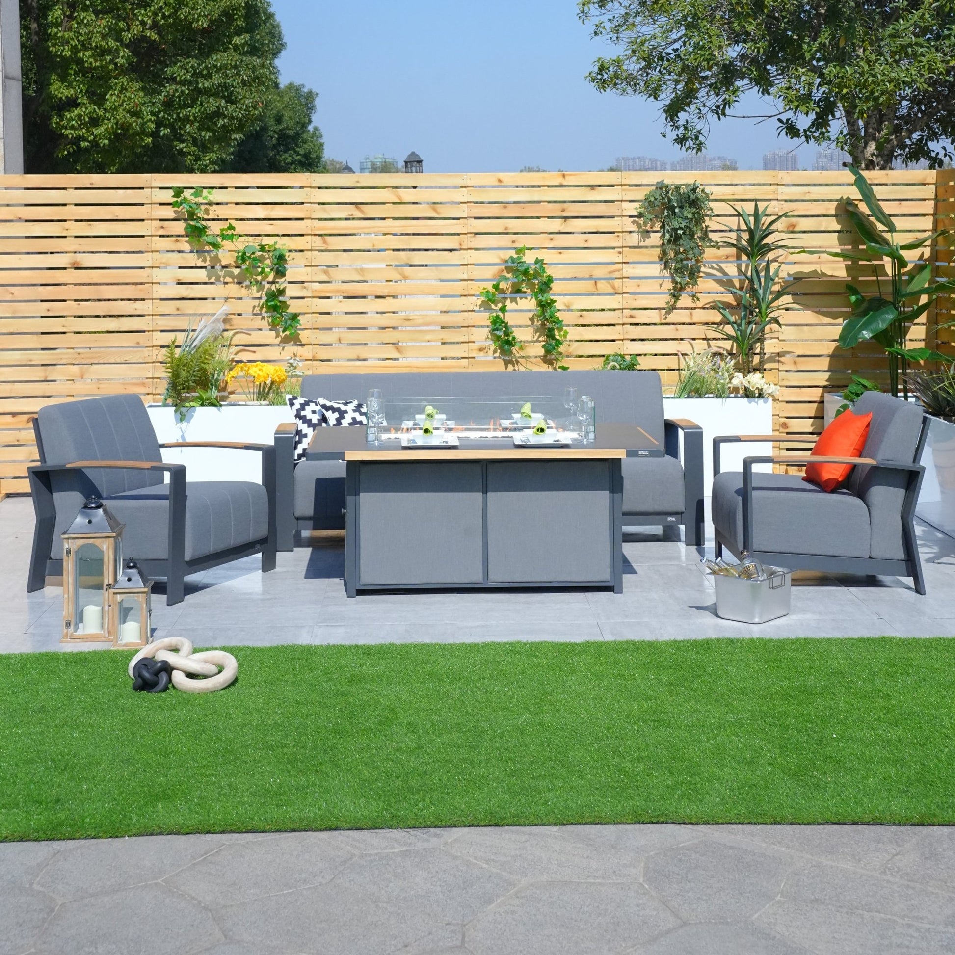 Aluminum Patio Gray Fire Pit Dining Set with Modern Gray Cushions (PAG - 2338+2335) - Direct Wicker